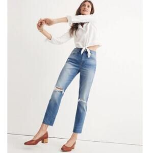 Madewell Blue Denim Ripped Knee Raw Hem Distressed High Rise Boyfriend Jeans